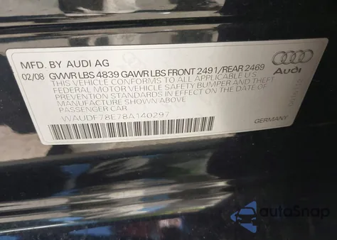 2008 Audi A4 2.0T/2.0T Special Edition from USA, damaged, VIN WAUDF78E78A140297